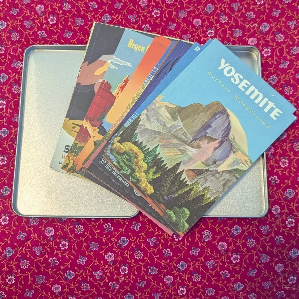 National Parks Postcards Tin 18 Ct Yosemite‎ Yellowstone Cavalini & Co Vintage